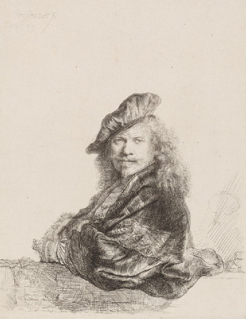 Self-Portrait leaning on a stone sill (1639) reproduction of painting by Rembrandt van Rijn. ALL GICLEE PRINTS