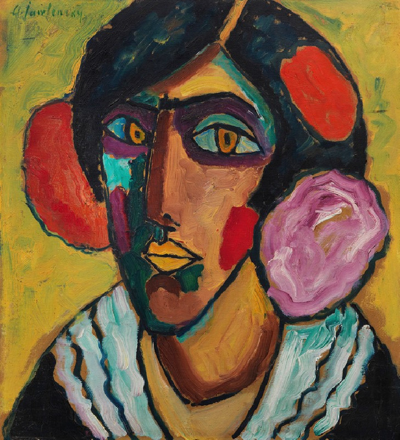 Frauenkopf mit Blumen im Haar (ca 1913) reproduction of painting by Alexej von Jawlensky. ALL GICLEE PRINTS