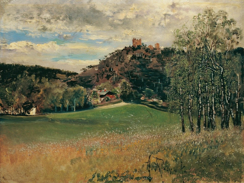 Die Meiereiwiese in der Vorderbrühl mit der Ruine Mödling (1885) reproduction of painting by Anton Romako. ALL GICLEE PRINTS