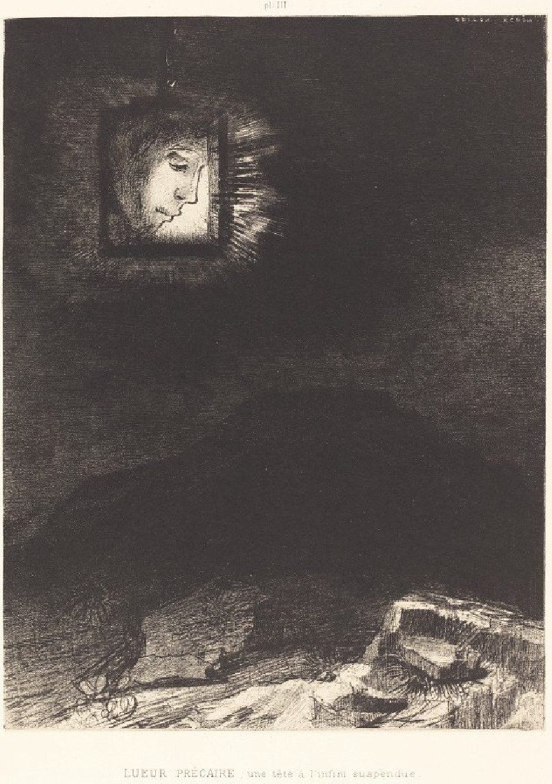 Odilon Redon reprodukcija Lueur precaire, une tete a l’infini suspendue (Precarious glimmering, a head suspended) (1891), VIS...