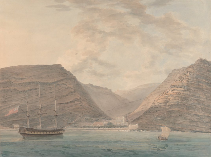 Man of War Moored in Harbor, Mountains in the Background reproduction of painting by Samuel Davis. ALL GICLEE PRINTS