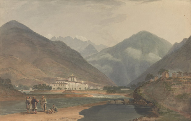 The Former Winter Capital of Bhutan at Punakha Dzong (1783) reproduction of painting by Samuel Davis. ALL GICLEE PRINTS