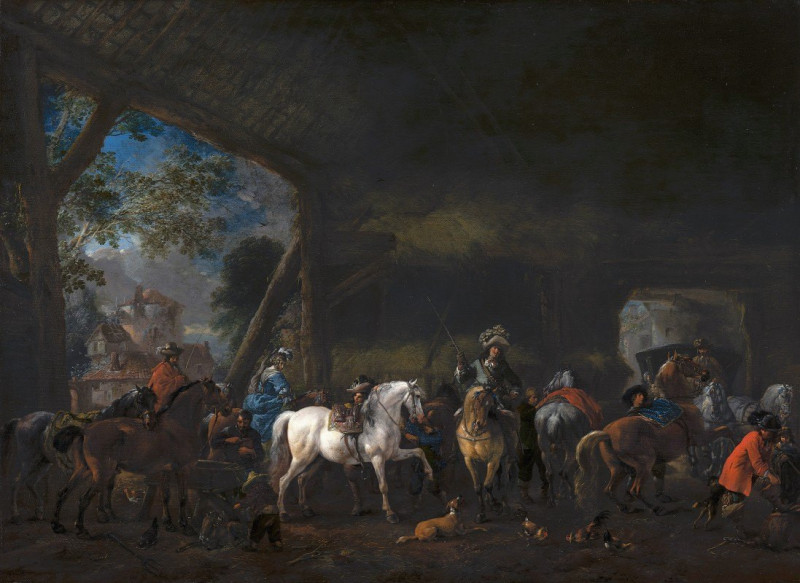 The Arrival at the Stable (c. 1660 - 1670) reproduction of painting by Philips Wouwerman. ALL GICLEE PRINTS