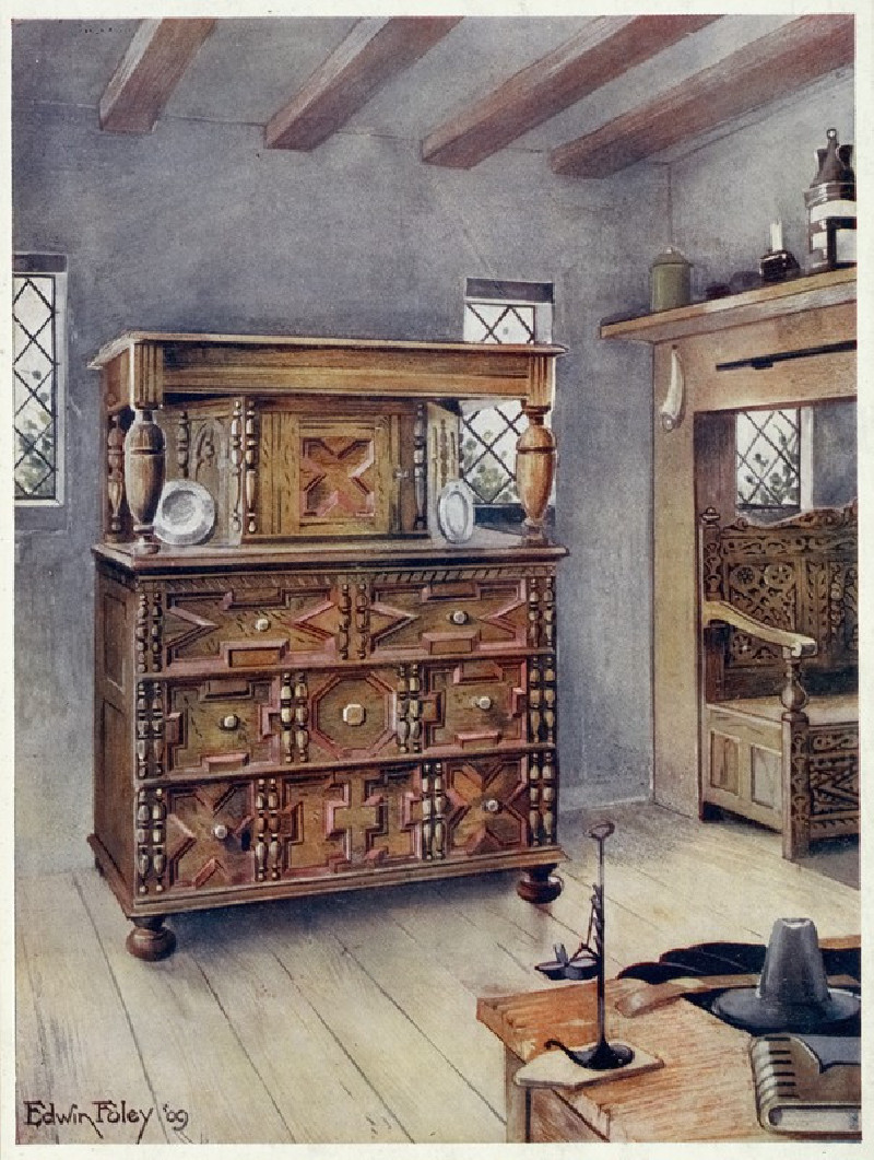 Edwin Foley reprodukcija The Putnam cupboard of English oak and cedar, Carved settle of American Oak (1910 - 1911), VISOS REP...