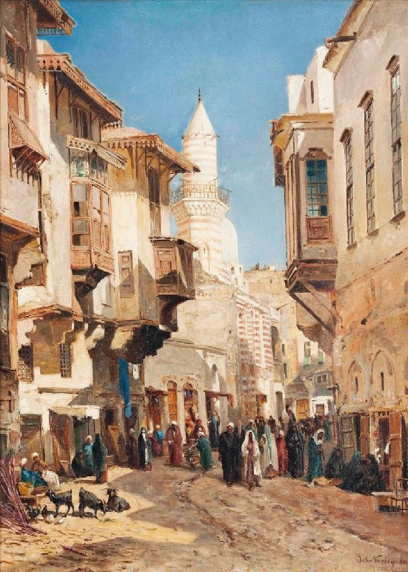 A bustling street before the mosque of Emir Mindar, Cairo (1880) reproduction of painting by . ALL GICLEE PRINTS