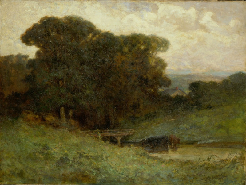 Untitled (forest scene with bridge, cows in stream in foreground) (1897) reproduction of painting by Edward Mitchell Banniste...