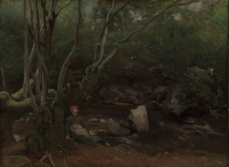 Jean-Baptiste-Camille Corot reprodukcija Lormes Goat-Girl, Sitting Beside a Stream in a Forest (1842), VISOS REPRODUKCIJOS , ...