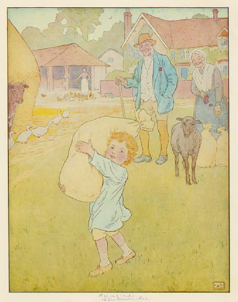 Little boy carrying bag of wool. reproduction of painting by Leonard Leslie Brooke. ALL GICLEE PRINTS