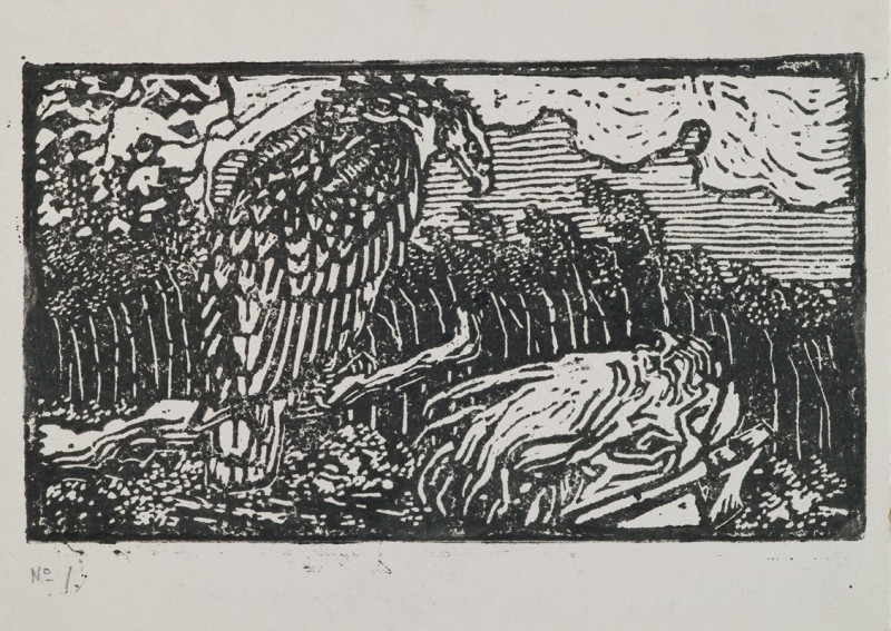 The Great Kalevala, woodcut print of Väinämöinen and the eagle (1906-1930) reproduction of painting by Akseli Gallen-Kallela....