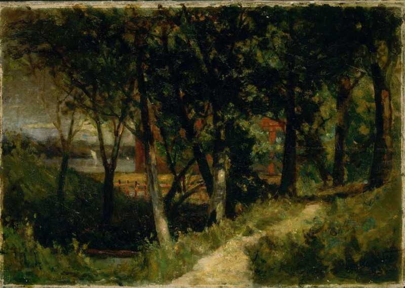 Edward Mitchell Bannister reprodukcija Untitled (landscape, forest scene with red fence and building) (1893), VISOS REPRODUKC...