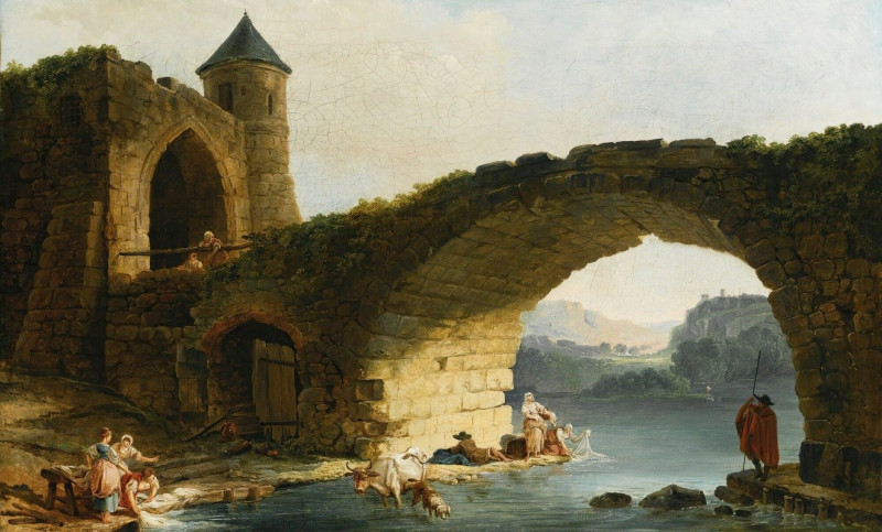 Hubert Robert reprodukcija A Capriccio River Landscape With Washerwomen Near A Ruined Bridge, VISOS REPRODUKCIJOS , paveiksla...