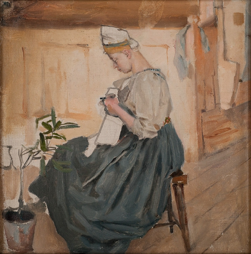 Mary Gallen sewing in a Carelian home (1890) reproduction of painting by Akseli Gallen-Kallela. ALL GICLEE PRINTS