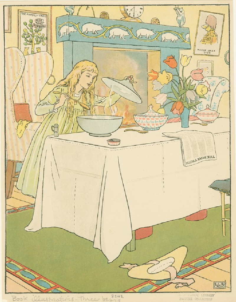 Goldilocks tastes the porridge (1909) reproduction of painting by Leonard Leslie Brooke. ALL GICLEE PRINTS