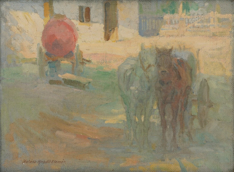 Farm Yard with Yoked Horses (1908) reproduction of painting by Elemír Halász-Hradil. ALL GICLEE PRINTS