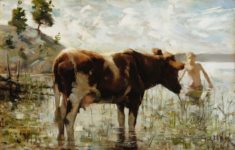 Cow And Boy, 1885 (1907) reproduction of painting by Akseli Gallen-Kallela. ALL GICLEE PRINTS