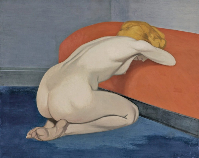 Félix Vallotton reprodukcija Naked Woman Kneeling In Front of a Red Couch (1915), Aktas , paveikslai, reprodukcijos internetu