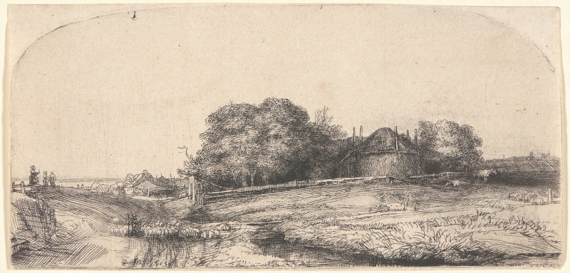 Landscape with a Hay Barn and a Flock of Sheep (1652) reproduction of painting by Rembrandt van Rijn. ALL GICLEE PRINTS