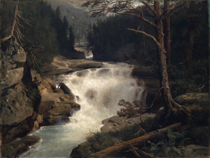 Waterfall in the Avers Valley (1867) reproduction of painting by Ernst Schiess. ALL GICLEE PRINTS