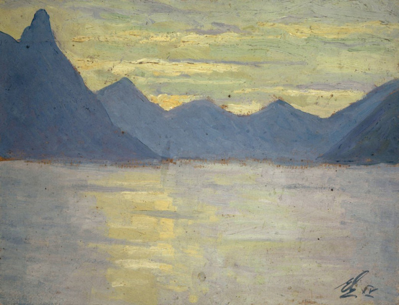 View on the Lake of Lugano toward the Mountains of Porlezza (1915) reproduction of painting by Ernst Schiess. ALL GICLEE PRINTS