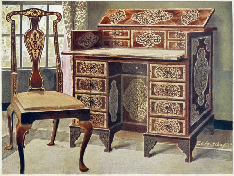 Walnut inlaid writing-table (1910 - 1911) reproduction of painting by Edwin Foley. ALL GICLEE PRINTS