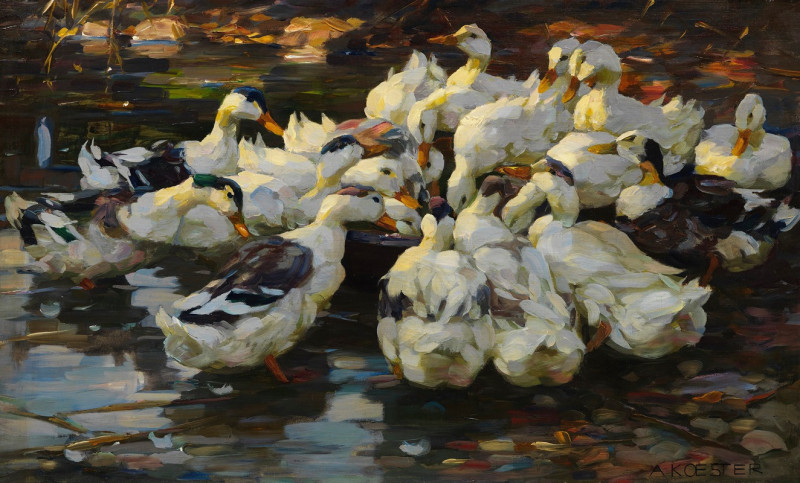 Enten am Freßnapf (Entenfütterung) (1914) reproduction of painting by Alexander Koester. ALL GICLEE PRINTS