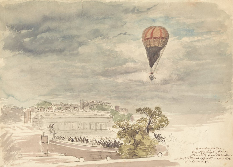 Ascent of Balloon from Burlington House, Piccadilly, from the Window at Mr. B. Palmer’s (after 1812) reproduction of painting...