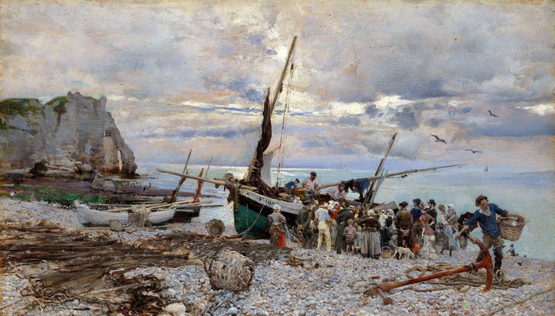 RETURN OF THE FISHING BOATS, ÉTRETAT (1879) reproduction of painting by Giovanni Boldini. ALL GICLEE PRINTS