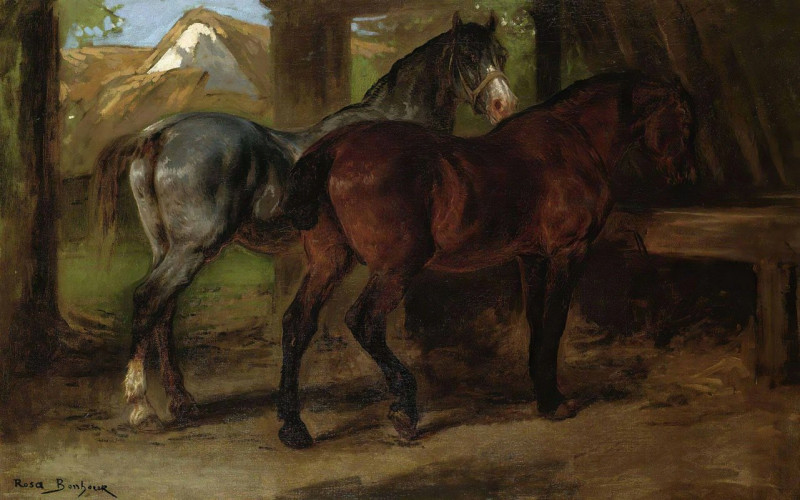 Two Horses In A Stable reproduction of painting by Rosa Bonheur. ALL GICLEE PRINTS