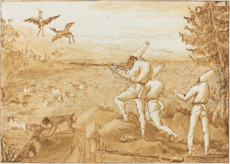 Punchinellos Hunting Waterfowl (c. 1800) reproduction of painting by Giovanni Domenico Tiepolo. ALL GICLEE PRINTS