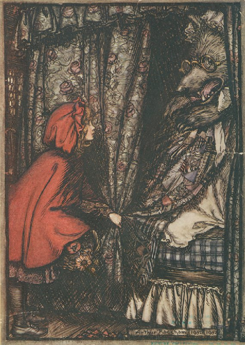 The wolf disguised as grandmother (1902) reproduction of painting by Arthur Rackham. ALL GICLEE PRINTS