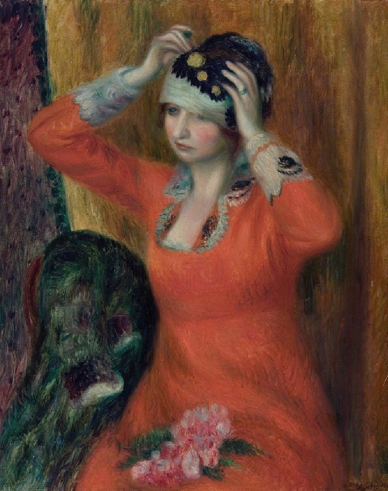 Girl in Red Dress Pinning on Hat (c. 1915–1916) reproduction of painting by William James Glackens. ALL GICLEE PRINTS