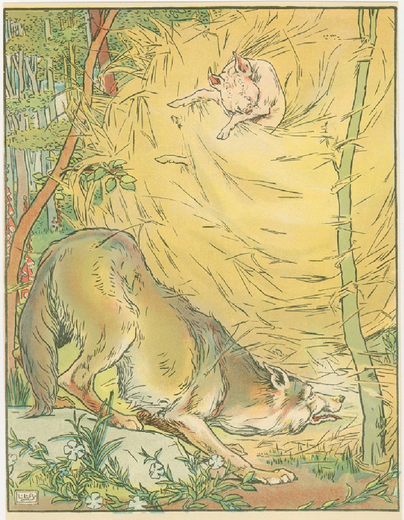 The wolf blows down the house of straw (1904) reproduction of painting by Leonard Leslie Brooke. ALL GICLEE PRINTS