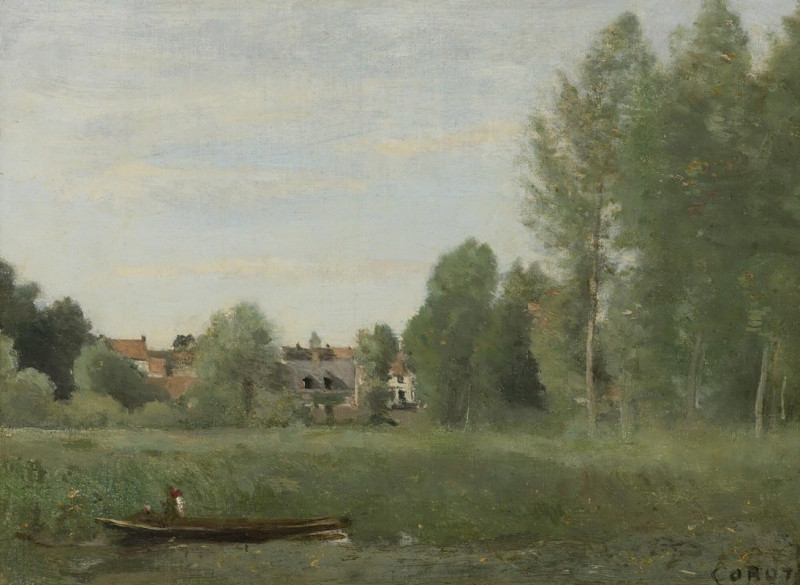 Jean-Baptiste-Camille Corot reprodukcija Environs De Mantes, Petites Habitations Cachées Dans Les Arbes Près Du Bord De L’eau...