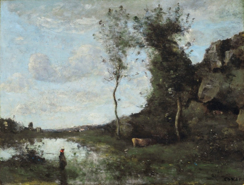 Une Paysanne Et Sa Vache À La Mare En Vue D’un Village (ca 1860-1865) reproduction of painting by Jean-Baptiste-Camille Corot...