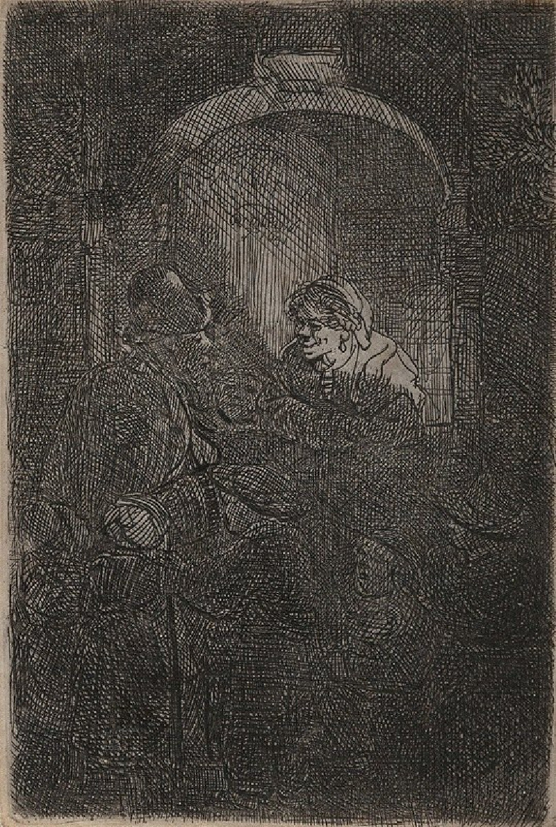 Woman at a hatch door talking to a man and children (the schoolmaster) (1641) reproduction of painting by Rembrandt van Rijn....