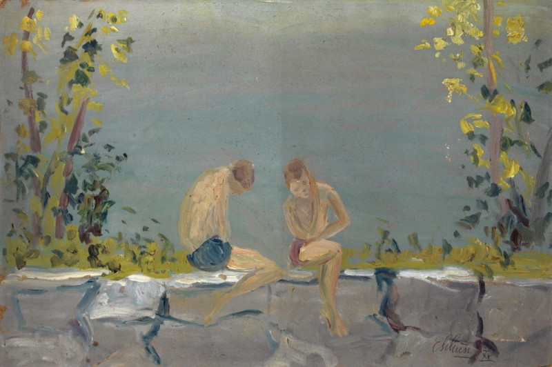 Bathing Boys on a Wall at a Lake (1915) reproduction of painting by Ernst Schiess. ALL GICLEE PRINTS