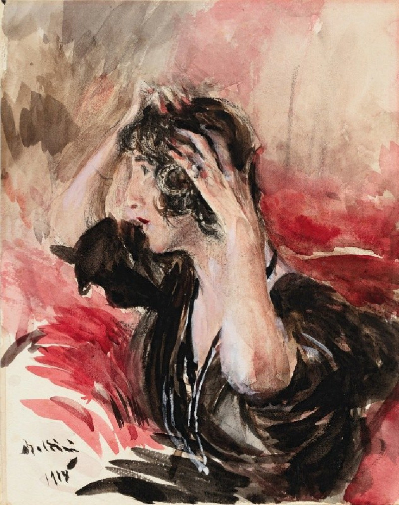 Woman fixing her hair (1918) reproduction of painting by Giovanni Boldini. ALL GICLEE PRINTS