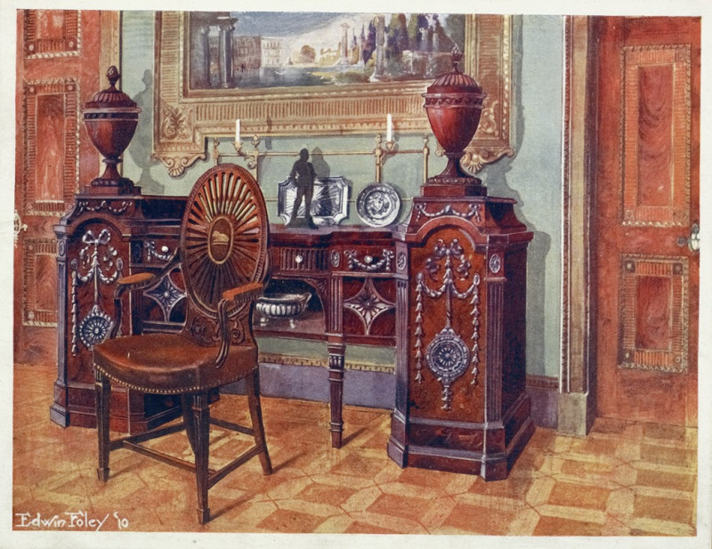 Carved mahogany pedestal sideboard, Oval wheel-back master’s chair (1910 - 1911) reproduction of painting by Edwin Foley. ALL...