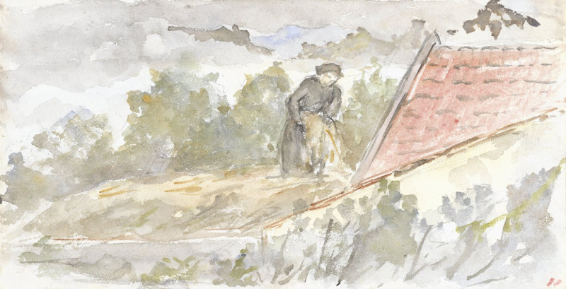 Landschap met vrouw en dak van een huis (1834 - 1911) reproduction of painting by Jozef Israëls. ALL GICLEE PRINTS