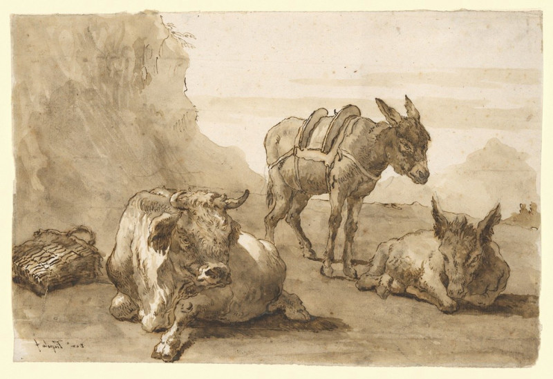 A Bull Lying Down, and Two Donkeys, in a Landscape (ca. 1760–61) reproduction of painting by Giovanni Domenico Tiepolo. ALL G...