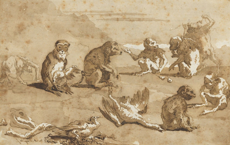 Eight Monkeys, a Dead Goose, and a Cormorant (mid-18th–early 19th century) reproduction of painting by Giovanni Domenico Tiep...