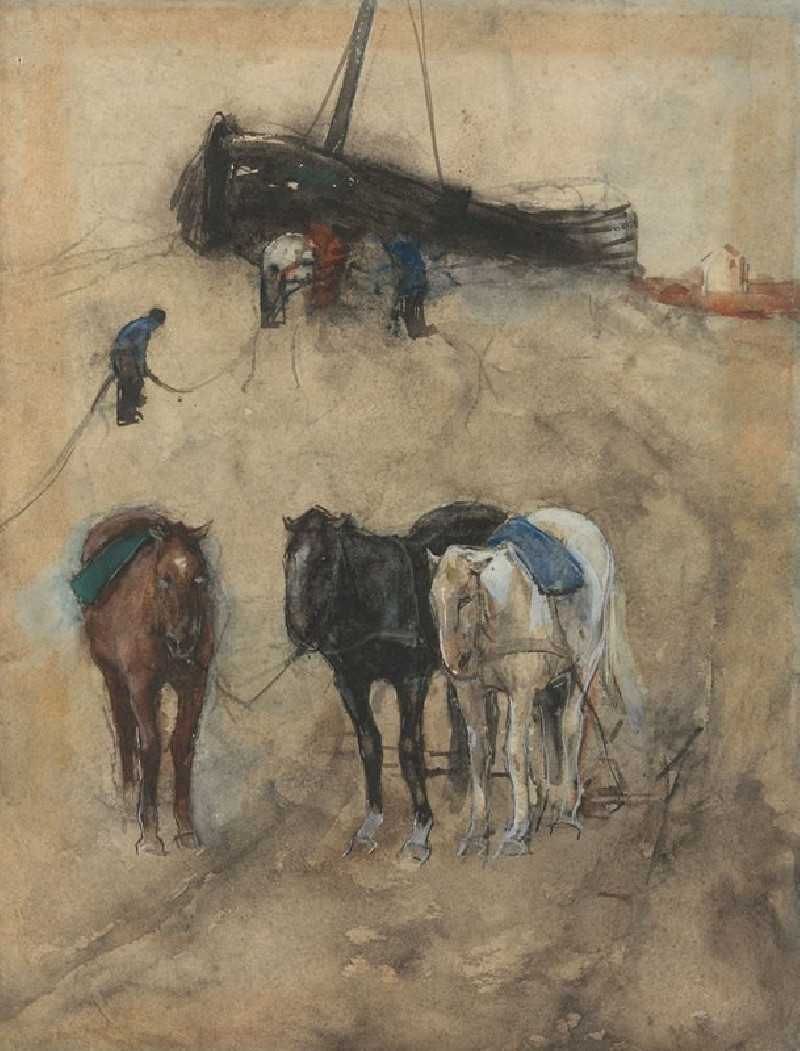 George Hendrik Breitner reprodukcija Paarden op het strand, op de achtergrond een schuit en vissers (c. 1867 - c. 1923), VISO...