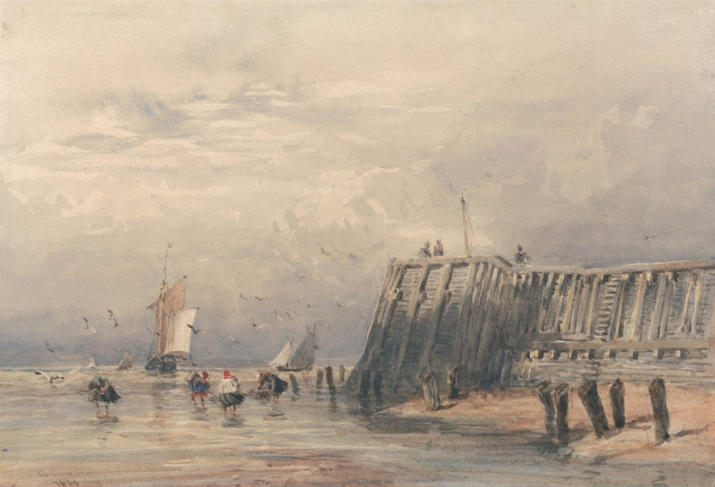 Sailing Barges and Shrimpers off a Pier (1832) reproduction of painting by David Cox. ALL GICLEE PRINTS