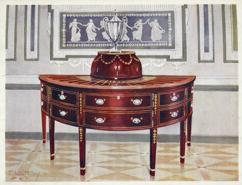 Semi-circular mahogany sideboard and knife-box. Inlaid and banded with satinwood, mahogany, and ebony (1910 - 1911) reproduct...