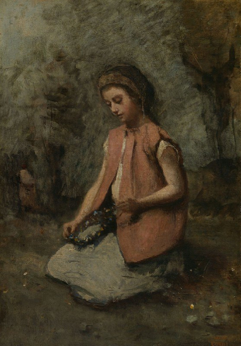 Girl Weaving a Garland (1860–65) reproduction of painting by Jean-Baptiste-Camille Corot. ALL GICLEE PRINTS