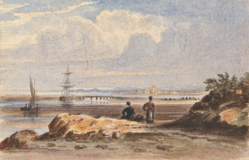 Seashore with Two Figures and a Distant Town reproduction of painting by John Varley. ALL GICLEE PRINTS