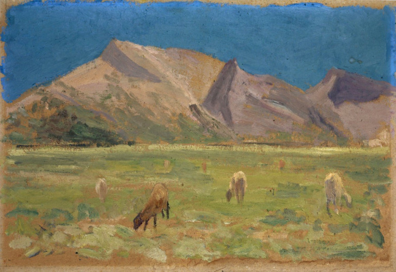 Grazing Sheep in front of Bare Hills reproduction of painting by Ernst Schiess. ALL GICLEE PRINTS