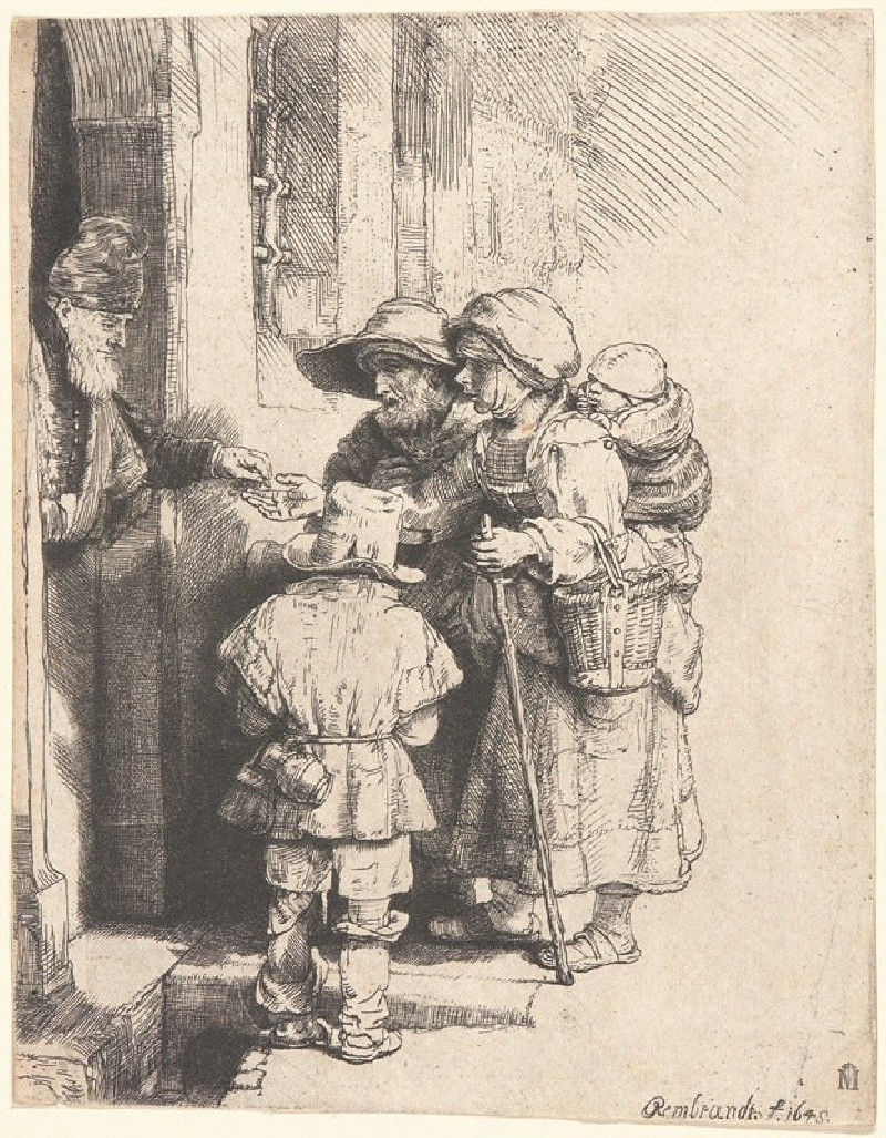 Beggars Receiving Alms at the Door of a House (1648) reproduction of painting by Rembrandt van Rijn. ALL GICLEE PRINTS