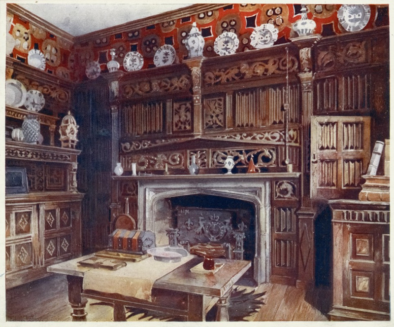 The panelled study at Groombridge Place, Kent. By permission of the Misses Saint. (1910 - 1911) reproduction of painting by E...