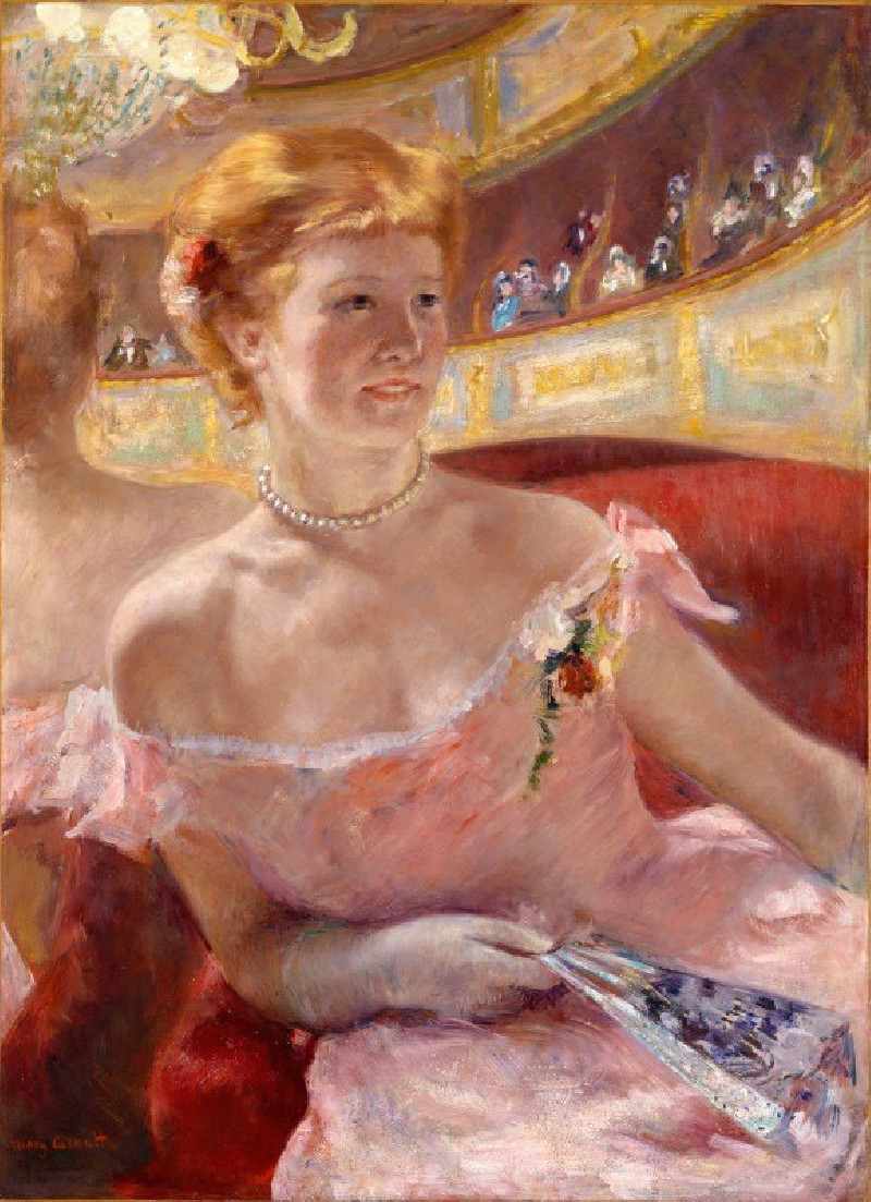 Mary Cassatt reprodukcija Woman with a Pearl Necklace in a Loge, VISOS REPRODUKCIJOS , paveikslai, reprodukcijos internetu